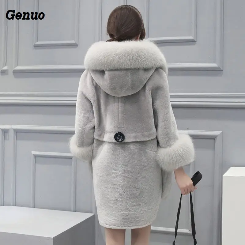 Genuo Winter Luxury Faux Fox Fur Coat Slim Long Faux Fur Jacket Overcoat Women Hooded Fur Pocket Warm Coat Outwear Party Clothes