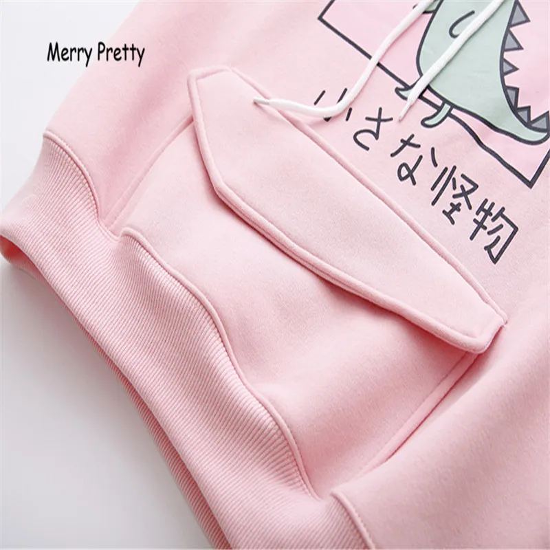 Merry Pretty зима флис толстые толстовки мультфильм Динозавр печатных толстовка женская одежда сладкий пуловер с капюшоном на шнурке