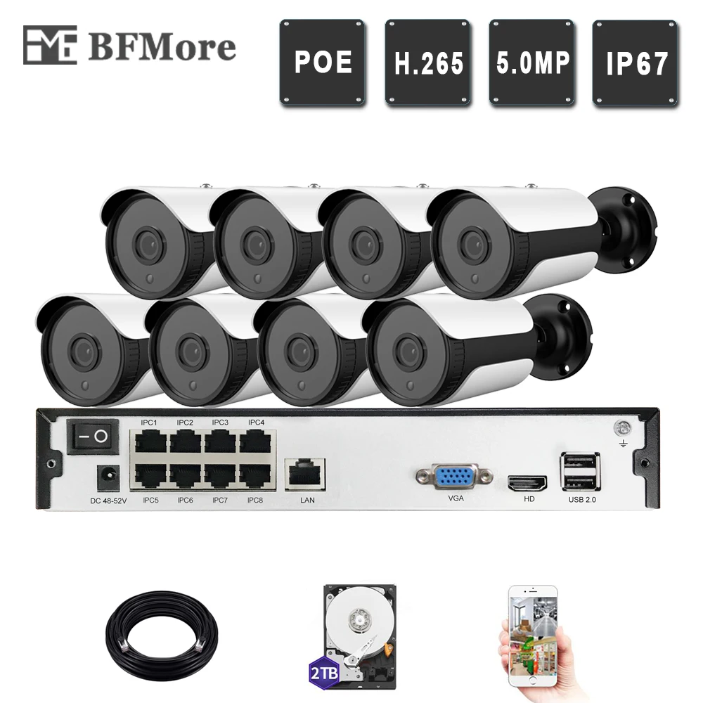 BFMore 8ch 5.0MP 4.0MP POE Комплект H.265 + Системы видеонаблюдения NVR IP Камера Открытый ИК