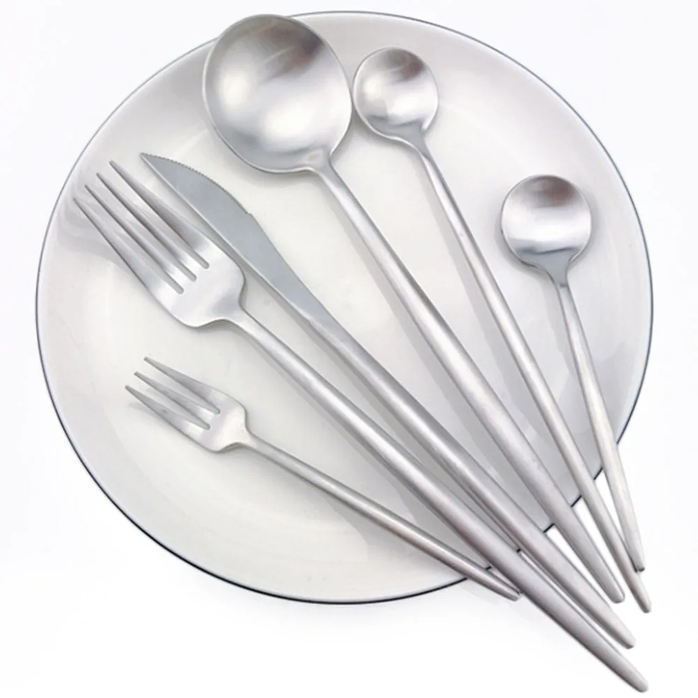 36 Pieces Matte Silver Dinnerware Set Luxury Cutlery Stainless Steel Dinner Knife Cake Fork Long Handle Scoops Tableware | Дом и сад
