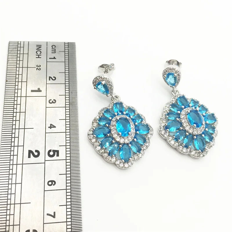 Flower Sea-Blue White color Silver Jewelry Sets For Women Drop Earrings/Necklace/Ring/Pendant Free shipping | Украшения и