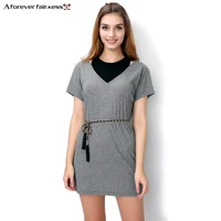 a forever 2019 new women loose casual batwing sleeve dress fake two pieces patchwork with metal belt mini dress vestido aff2001