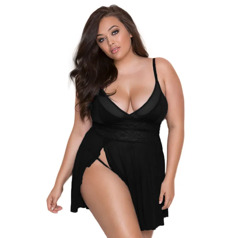 Black 2XL/3XL размера плюс прозрачный Baby Doll сексуальное нижнее белье Горячая черная Прозрачная сетка Эротический пеньюар Платье женское сексуальное нижнее белье - Цвет: Black
