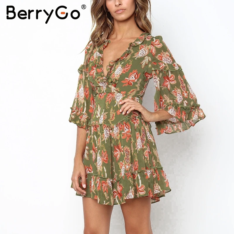 BerryGo спинки на шнуровке платье с цветочным рисунком Женские V шеи Повседневная
