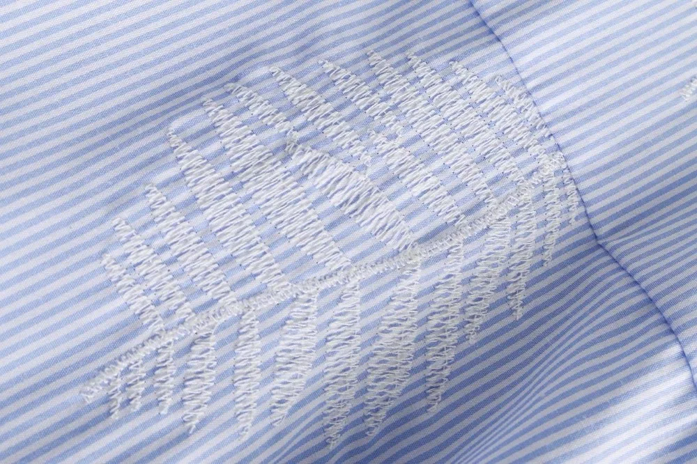 VOGUEIN New Womens Lapel Leaf Embroidered Striped Bow Belt Long Blouse Shirt Wholesale |