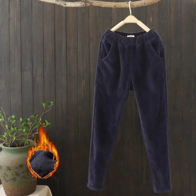 dark blue velvet Вельветовые брюки женские с эластичной талией осенние зимние брюки женские плюс бархатные шаровары длинные брюки женские большие размеры XXXL C5656 - Цвет: dark blue velvet