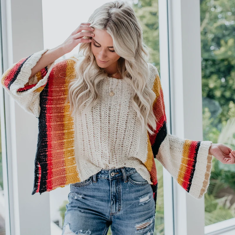 Newest Summer 2019 Rainbow Striped Sweaters Women Beach Cover Ups Autumn Fashion Oversized Loose Pullover Jumper Femme Knitwear | Женская