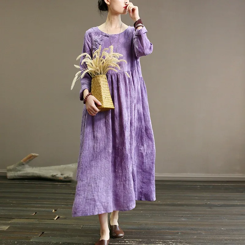QPFJQD Women'S Retro National Wind Sand Wash Linen Dresses Autumn Spring Full Sleeve 3 Buttons O Neck Long Purple Maxi Dress | Женская