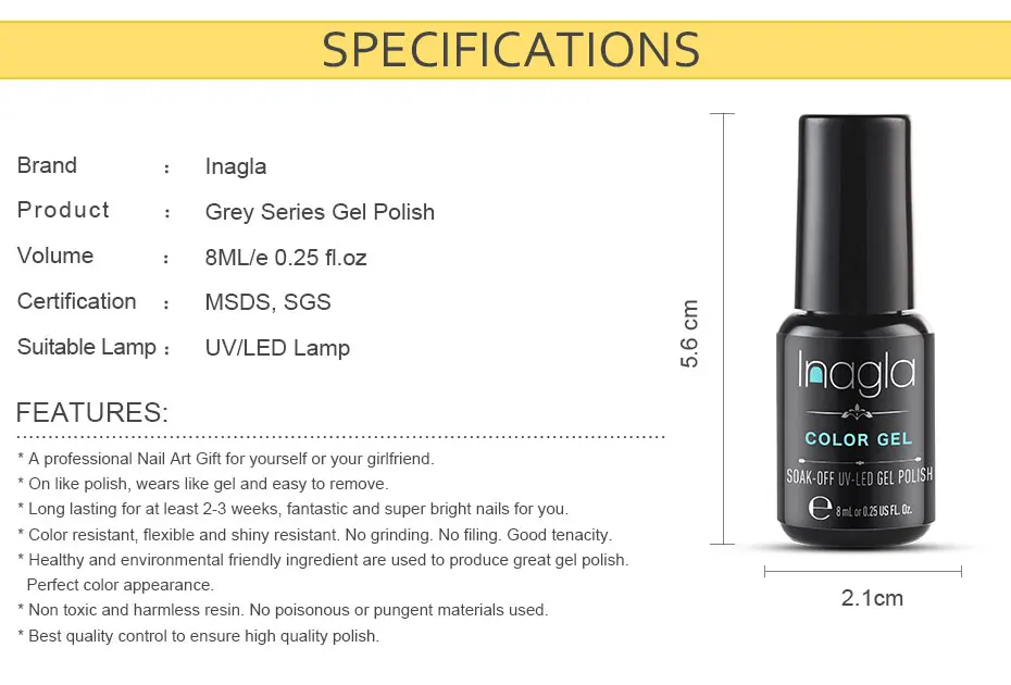 Inagla 8ML Yellow Series Pure Color Gel Nail Polish Long Lasting 20 Colors UV LED Varnish Lacquer Soak Off Enamel | Красота и