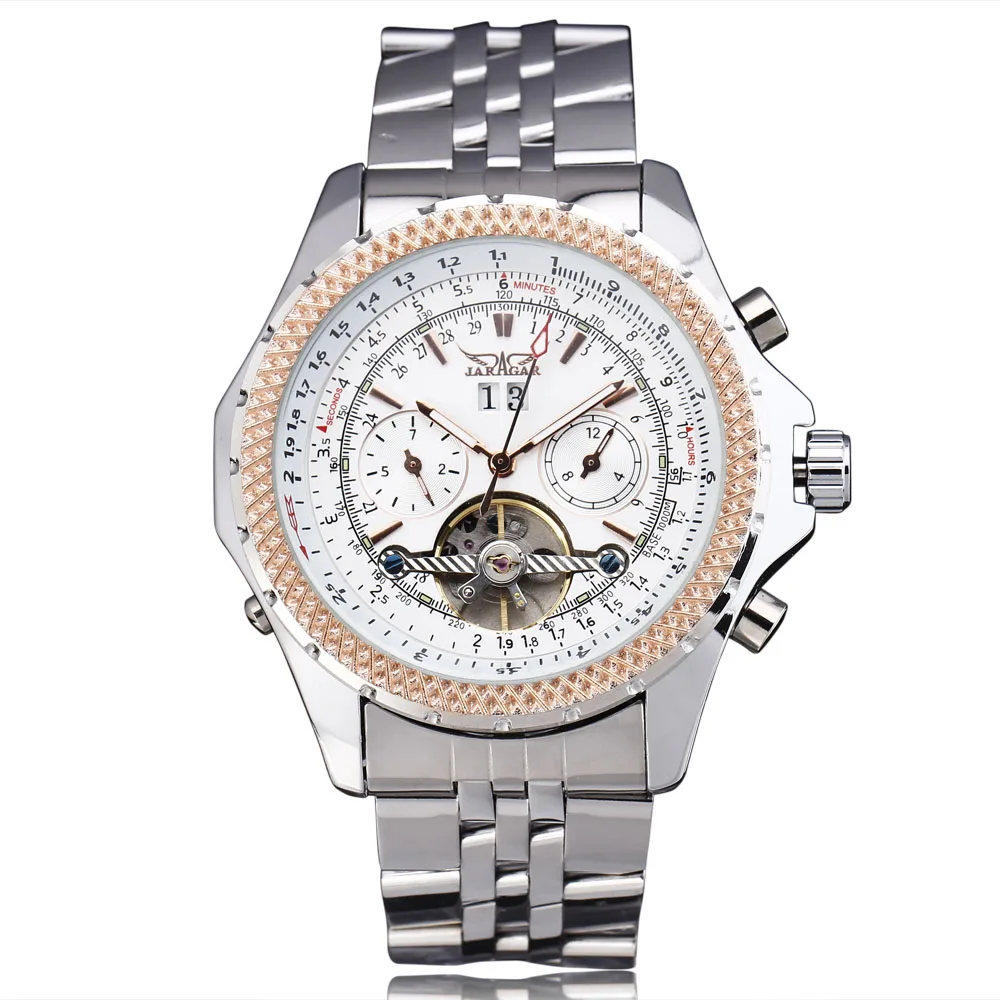 JARAGAR классические часы Tourbillon для мужчин модное платье автоматические механические мужские часы лучший бренд класса люкс 2 маленькие рабочие суб-циферблаты Золотой ремешок из нержавеющей стали повседневные деловые наручные часы для мужчин день рождения лучший подарок - Цвет: SILVER-ROSE GOLDEN