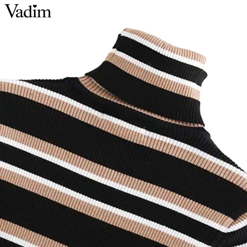 Vadim women chic striped knitted turtleneck sweater long sleeve stretchy pullovers vintage female casual basic tops HA322 | Женская