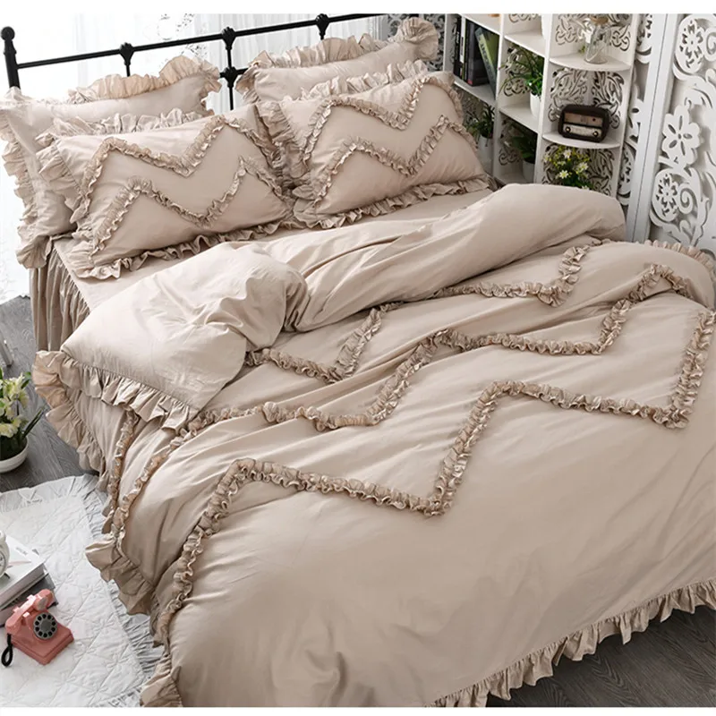 Free shipping Korean pastoral princess cotton ruffles bedding twin full queen king size khaki постельное белье с рюшами YYX |