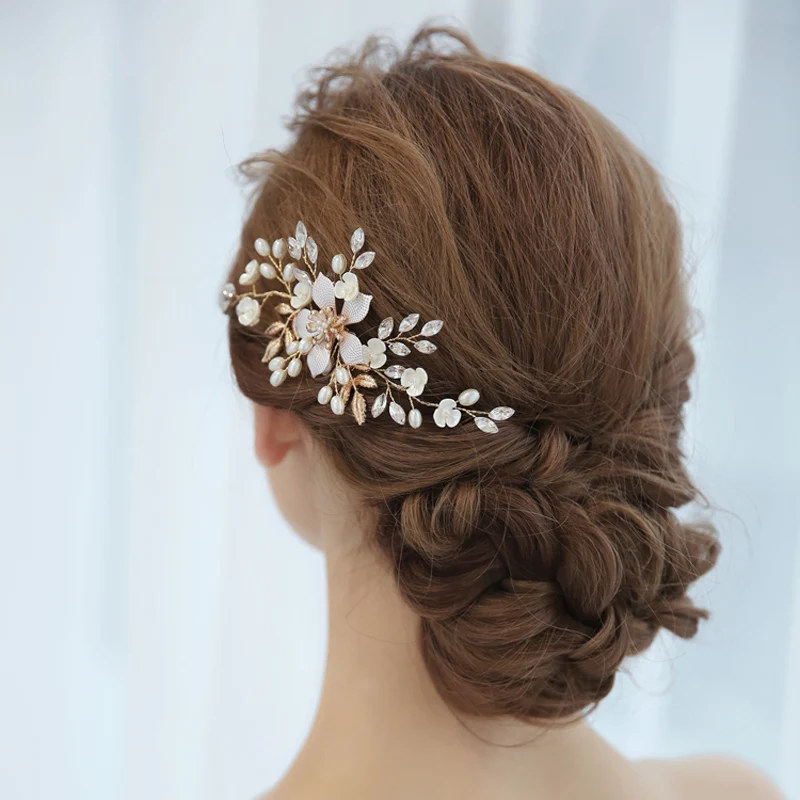 SLBRIDAL Стразы ручной работы Жемчуг Цветок Свадебные украшения гребень для волос