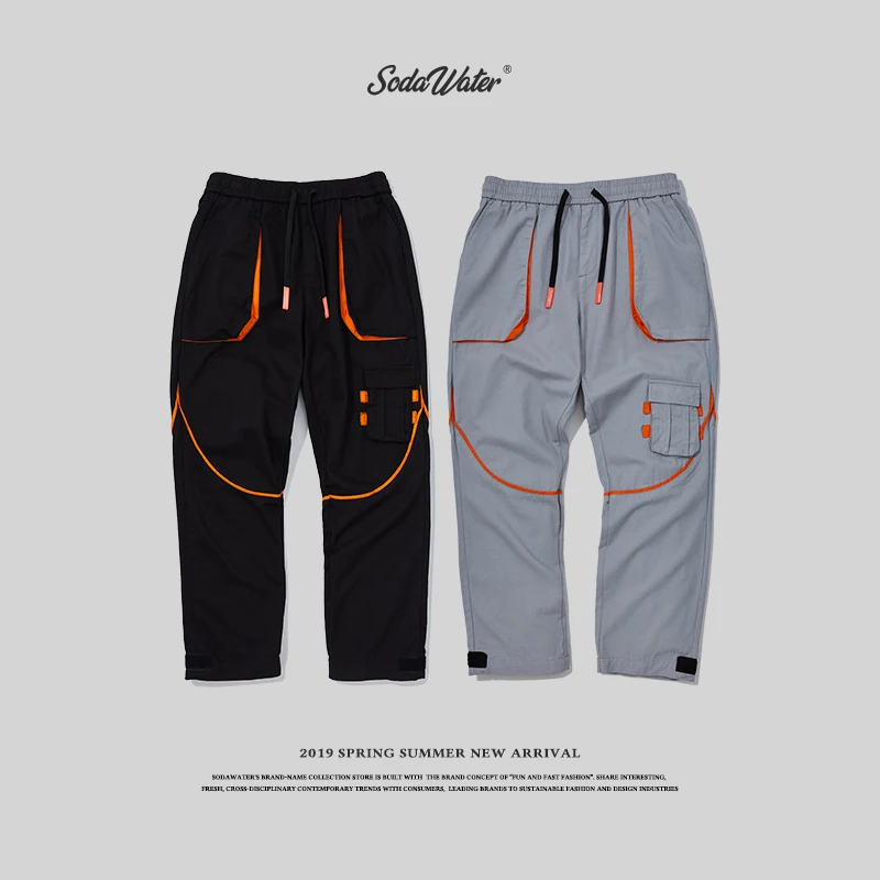 SODA WATER Men's Patchwork Jogging Pants Fashion 2019 Hip Hop Pocket Magic Sticks Feet Casual Straight 94186ss|Брюки-карго| |