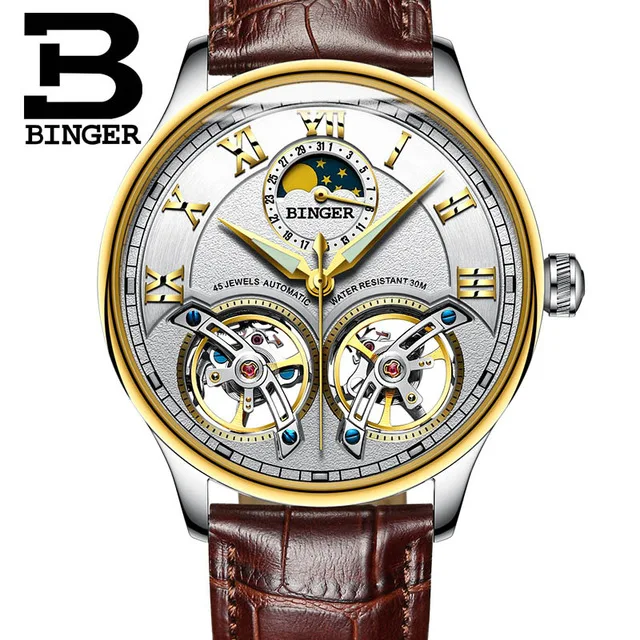 Leather White Gold Швейцарские часы Бингер, оригинальные мужские автоматические часы, модные двойные турбийоны, мужские механические наручные часы с кожаным ремешком - Цвет: Leather White Gold