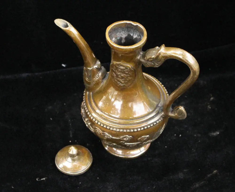 

Manked Old Chinese Dynasty Bronze Brass Dragon Beast Wine Tea Pot Flagon Statue