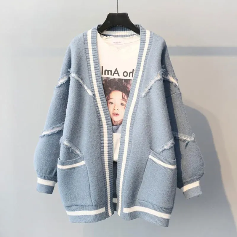 Spring Autumn Sweater Women 2019 Loose Fashion Female Medium Long Knit Cardigan Thicken Plus size Creamy-white Feminine Coat S31 |