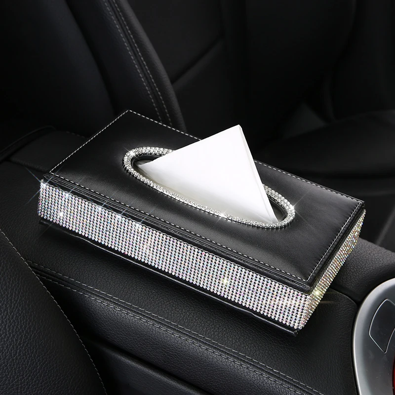 

PU Leather Rhinestone Luxurious Car Tissue Box Storage Towel Sets Bathroom Auto Room Towel Box Holder Tissue Box