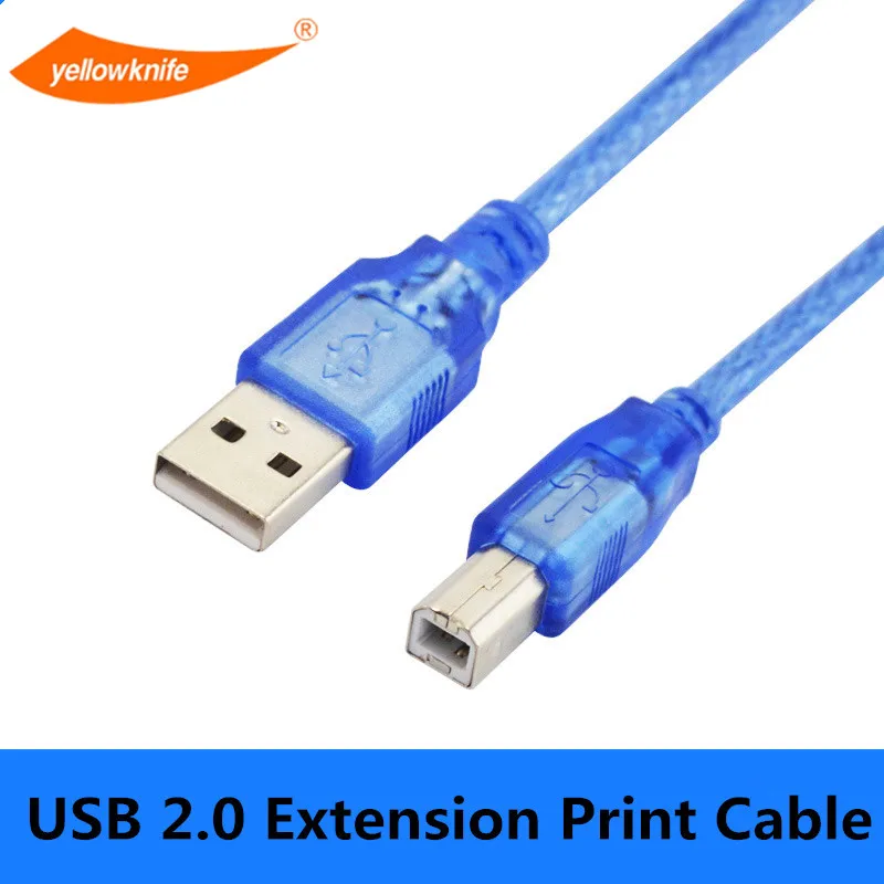 Желтый нож, 30 см, 0,3 м, 0,5 м, USB 2,0, кабель для принтера, тип A, папа-Тип B, двойное экранирование, высокая скорость, прозрачный синий