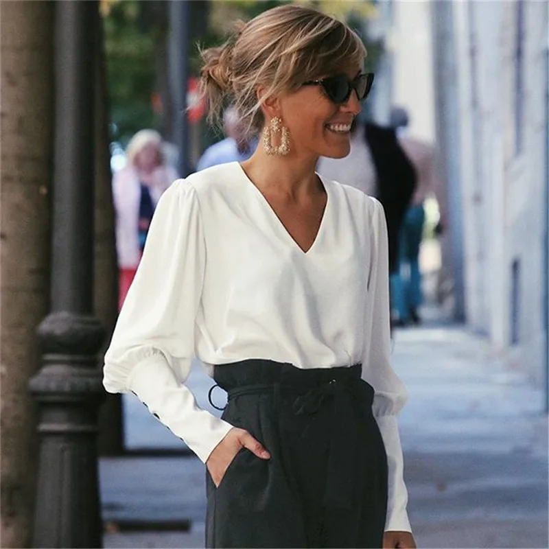 Стильная новая рубашка с длинным рукавом и пуговицами V образным вырезом|Рубашки|