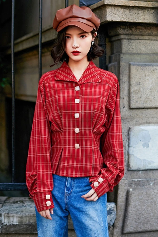 Женская винтажная рубашка в клетку приталенная с длинным рукавом фонариком