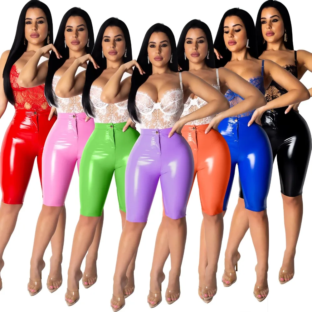 

8 Colors Women PU Leather Pants Button Zipper Faux PU Leather Knee Length Pants Summer High Waist Sheath Pants Trendy Streetwear
