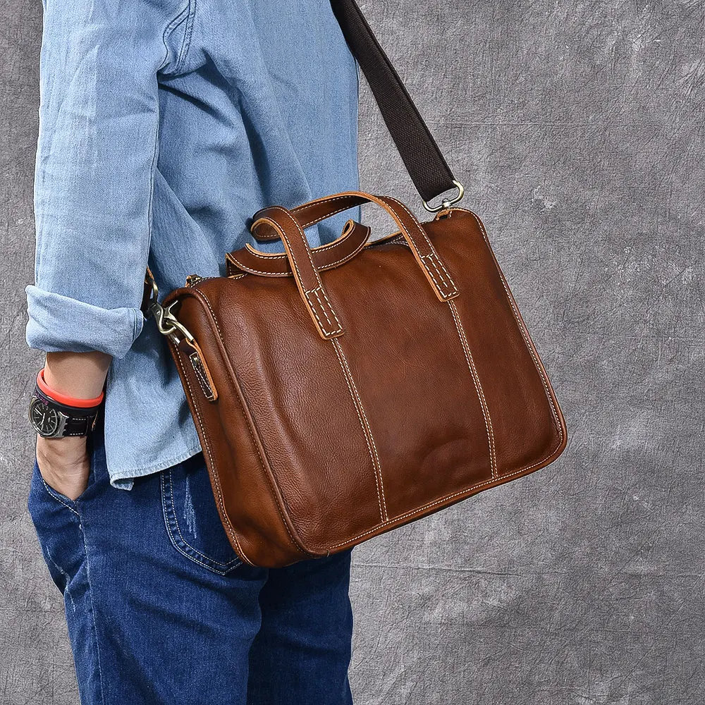 Men's Handbags Retro Handmade Genuine Leather Briefcase Crossbody Shoulder Bag Men Laptop Messenger Bags First Layer |