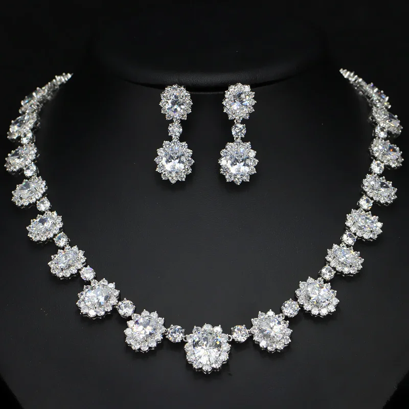 BeaQueen Exquisite Inlaid Big Royal Blue Cubic Zirconia Flower Shape CZ Necklace Jewelry Set for Women Wedding Banquet JS058 | Украшения и