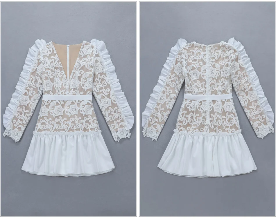 Романтический рябить вышивка сетки Для женщин Femme платье Vestidos с v-образным вырезом и длинным рукавом Сладкий плотно Талия Мини вечернее платье-футляр