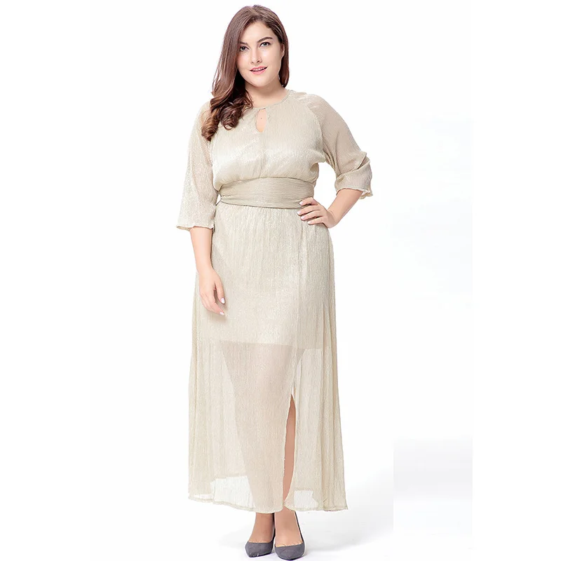 Eoropean Women Summer Dress O Neck Half Sleeve Plus Size 6XL Beige Draped Split Vestidos longos de verao | Женская одежда