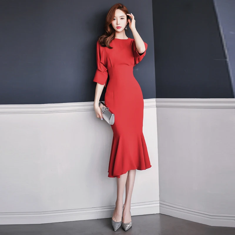 HAMALIEL Новая мода Для женщин Bodycon платье с русалочкой Демисезонный красного цвета со средним рукавом и оборками вечерние платье женские офисные Vestidos