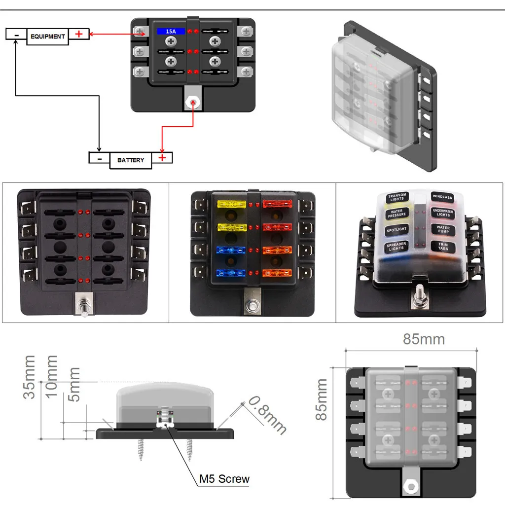 12 Way Car Auto Boat Marine UTV 4x4 Blade Fuse Box Block Cover 12V LED Indicator