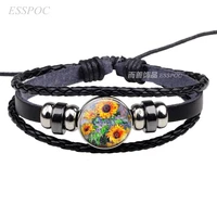 monet van gogh sunflower jewelry woven multi layer black leather pendant bracelet men and women fashion accessories gift