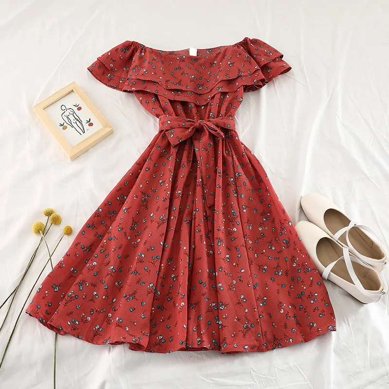 Новинка 2019 модные женские платья шифоновое Цветочное платье с оборками на талии