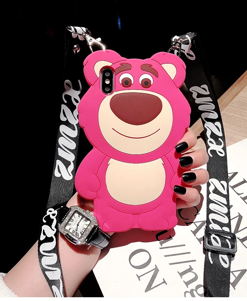 3D Cute Lotso bear case For iphone XS max XR X Soft cover 8plus 7plus 7 8 6s 6plus toy story fundas +strap |