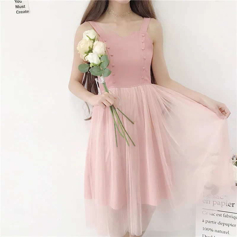 Summer new women's Korean version of the fresh sweet loose mesh stitching high waist was thin Dress | Женская одежда