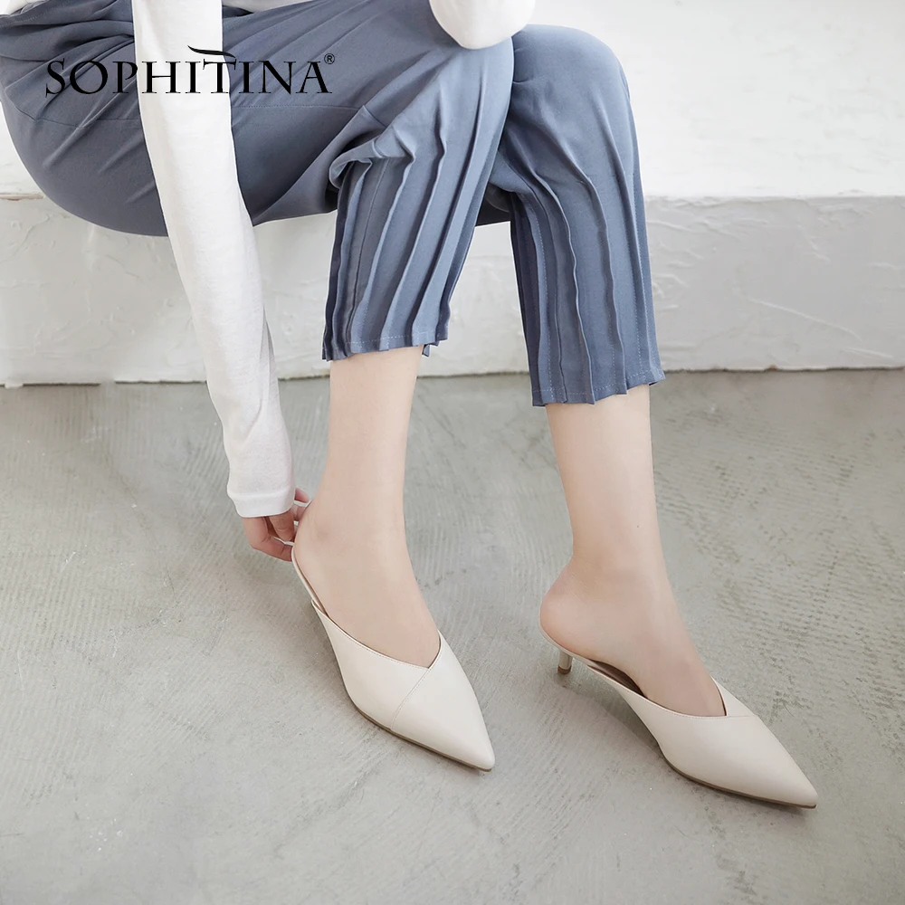 Тапочки SOPHITINA женские на тонком каблуке однотонные из воловьей кожи модные