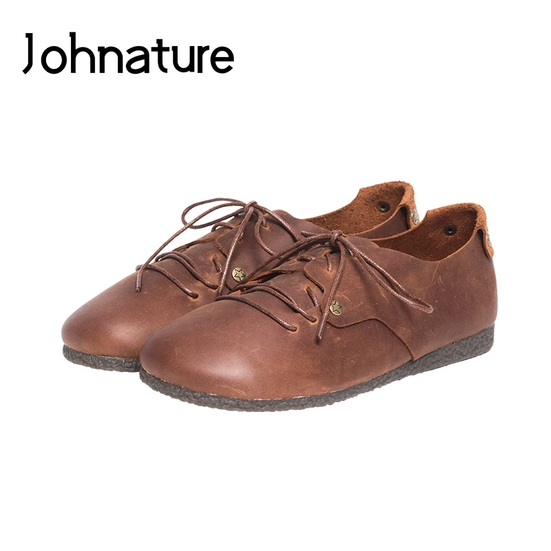 

Johnature Genuine Leather Shoes Casual Solid Color Round Toe 2021 New Spring/Summer Lace-up Flats Shallow Handmade Women Shoes