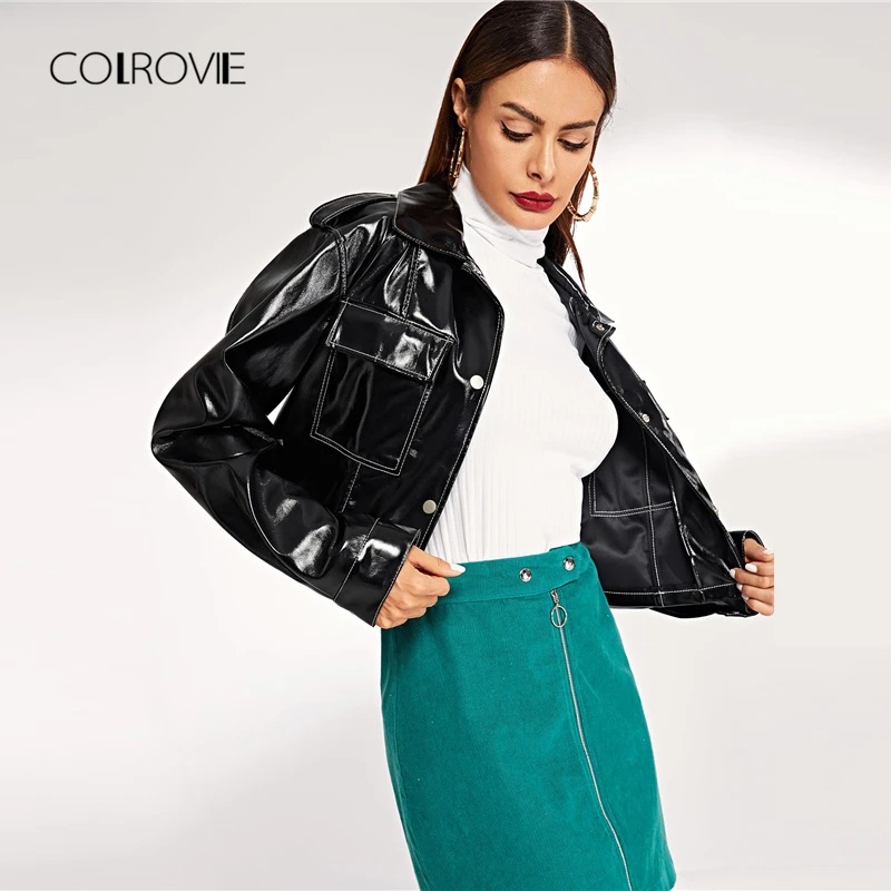 COLROVIE черная однотонная винтажная укороченная кожаная куртка на пуговицах с карманом, женская одежда, осень, уличная женская верхняя одежда