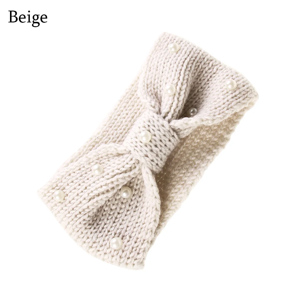 beige Зимняя повязка на голову для ушей; женская модная эластичная шерстяная вязаная повязка на голову; повязка на голову для девочек; элегантная повязка для волос; аксессуары - Цвет: beige