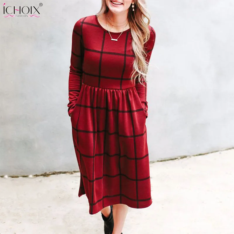 Осень Плюс Размер плед Карманы платье с длинным рукавом o-образным вырезом