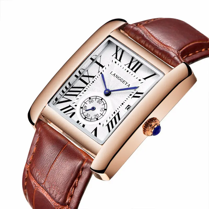 Men Brown gold white Модные мужские женские кварцевые часы Прямоугольные деловые часы для пары мужские Ретро кварцевые наручные часы из натуральной кожи - Цвет: Men Brown gold white