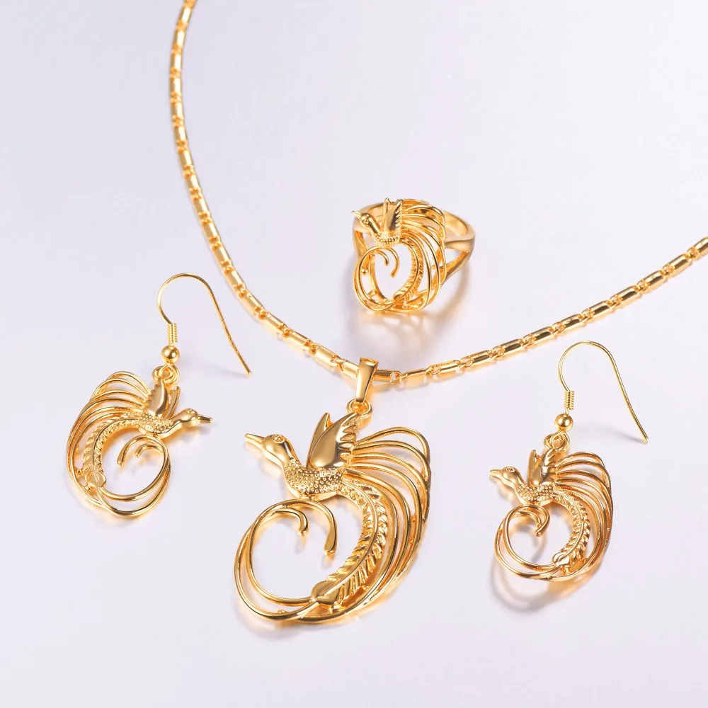 

Bird of Paradise Pendant Necklaces Earrings Ring Set for Women Gold Color PNG Jewelry Gift