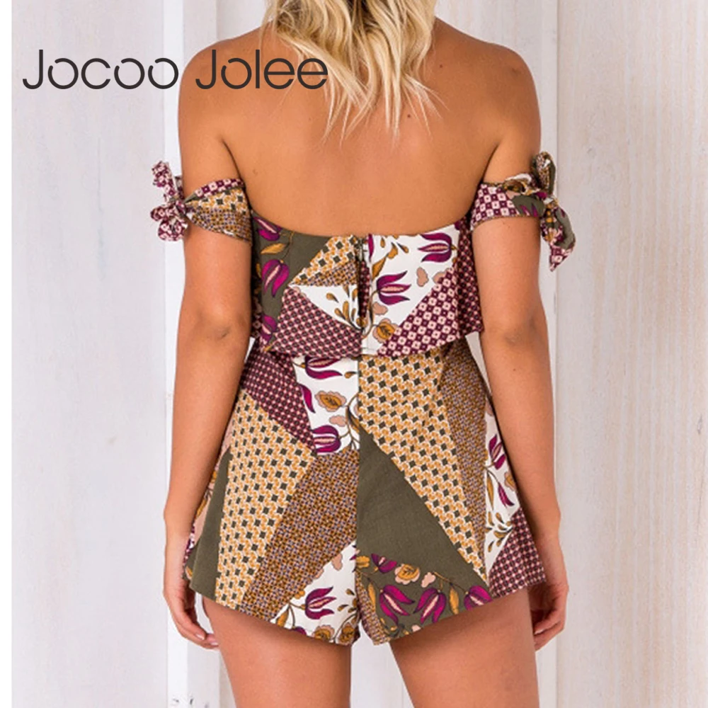 Jocoo Jolee Sexy Off Shoulder Jumpsuit Floral Print Ruffles Bow Overalls Rompers Boho Beach Wearing Casual Playsuits 2018 Summer | Женская