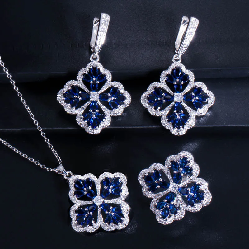 blue CWWZircons блестящая желтая кубическая циркониевая Бижутерия Набор большой цветок в форме листа женские серьги-обручи кольца Ювелирные наборы T328 - Окраска металла: blue