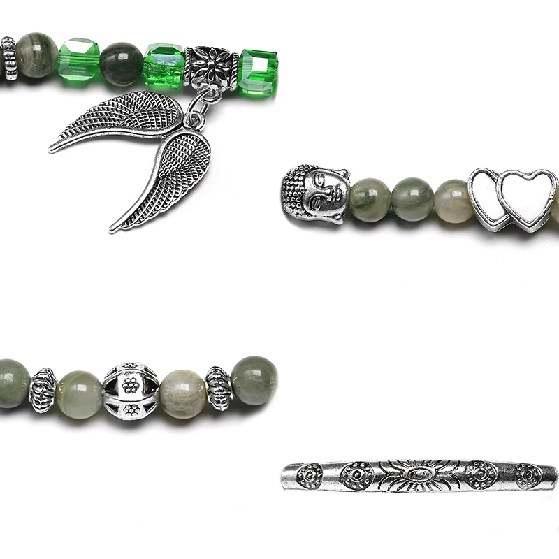 Natural Green Grass lace Agates Bracelet 108 Mala Bracelet Buddha Wing Pendant Chakra 6MM Beaded Necklace Yoga Prayer Bracelets