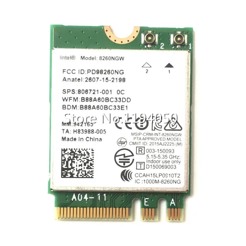 

Intel Dual Band Wireless-AC 8260 intel 8260NGW NGFF Wwifi Card 867Mbps 2.4/5GHz 802.11a/b/g/n/ac Bluetooth 4.2