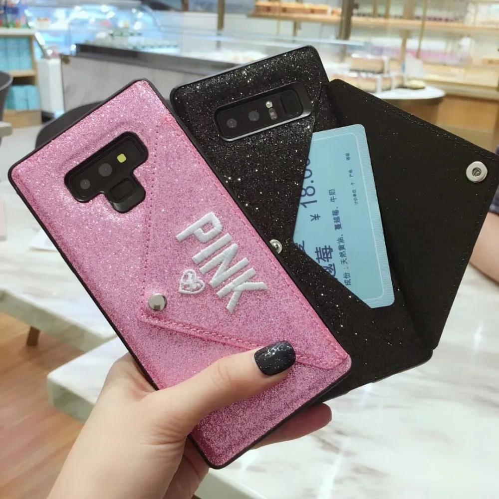 Luxury PINK Glitter Embroidery Leather Lanyard Fashion Brand Case for iPhone XR XS MAX 7 8 6 s Plus X samsung note8 9 secret |