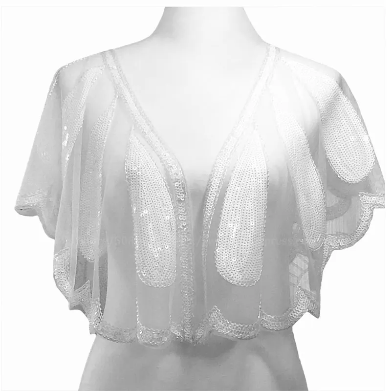 White Shawl Женская свадебная шаль 1920 s, накидка с блестками и бисером, вечерняя накидка, свадебная шаль, болеро, накидка, Солнцезащитная накидка, золотистый/черный цвет - Цвет: White Shawl