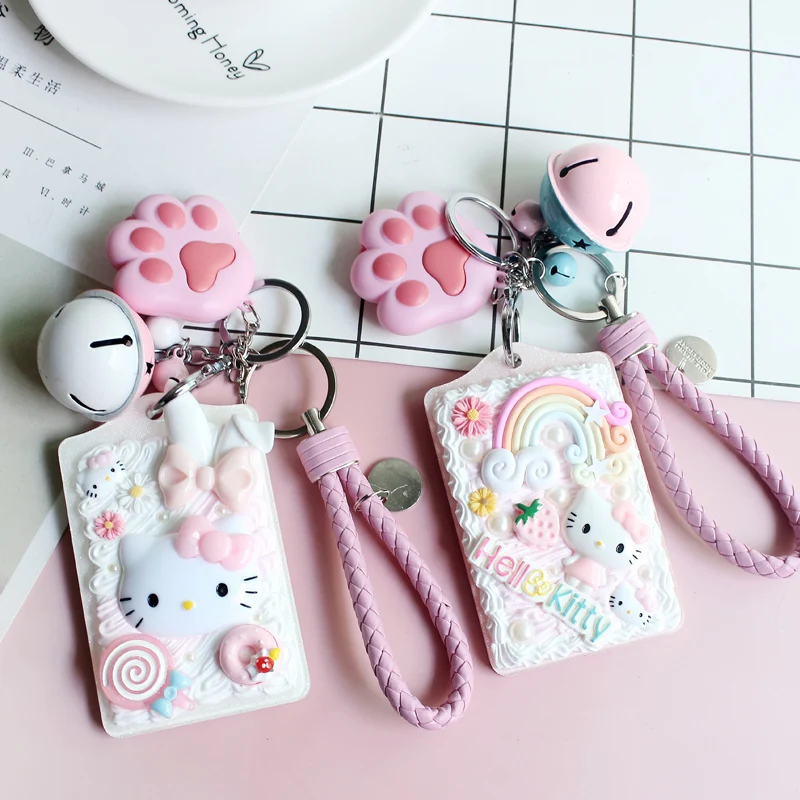 Hello Kitty Keychain Lovely Kt Cat Small Bell Cream Transit Meal Access Credit Card Set Key Buckle Pendant | Украшения и